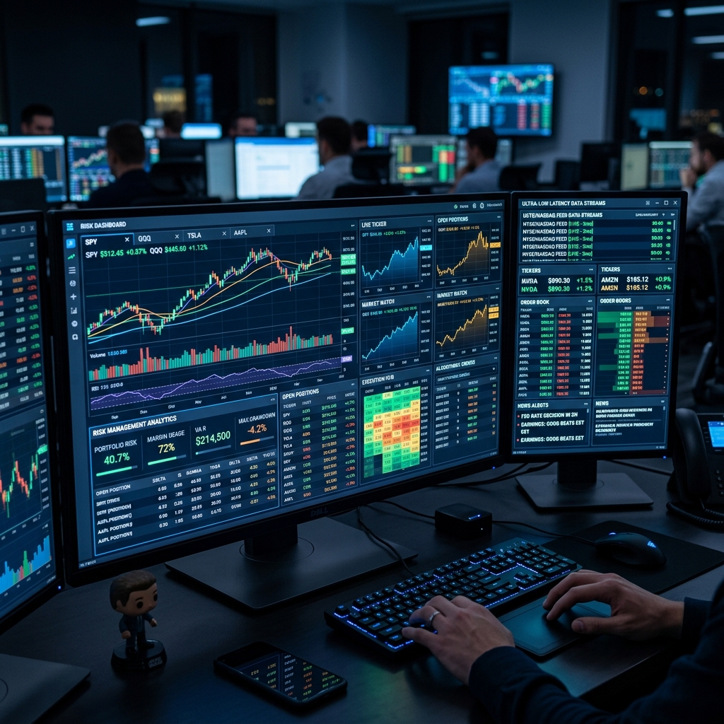 Quantitative financial trading dashboard visualizing real-time stock market data charts and asset metrics