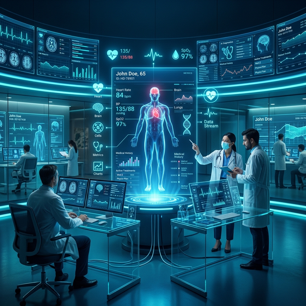 Digital healthcare database dashboard visualizing patient stats and records